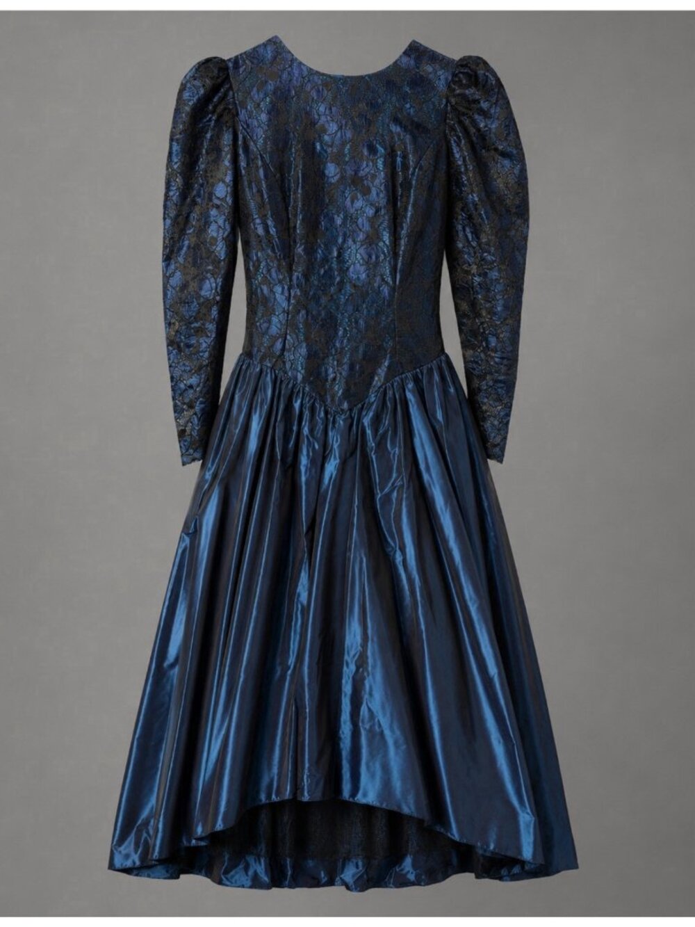 Vintage 80s LORALIE Womens M/L Blue Metallic Taffeta Prom Dress Gown Lace Sleeve